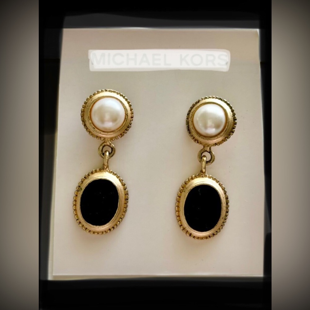 Gold-Tone Pearl & Black Oval Drop Earrings